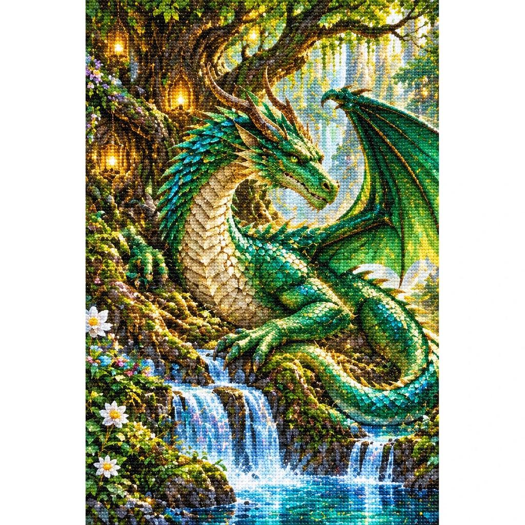 Green Dragon Ancient Tree finished diamond painting on white