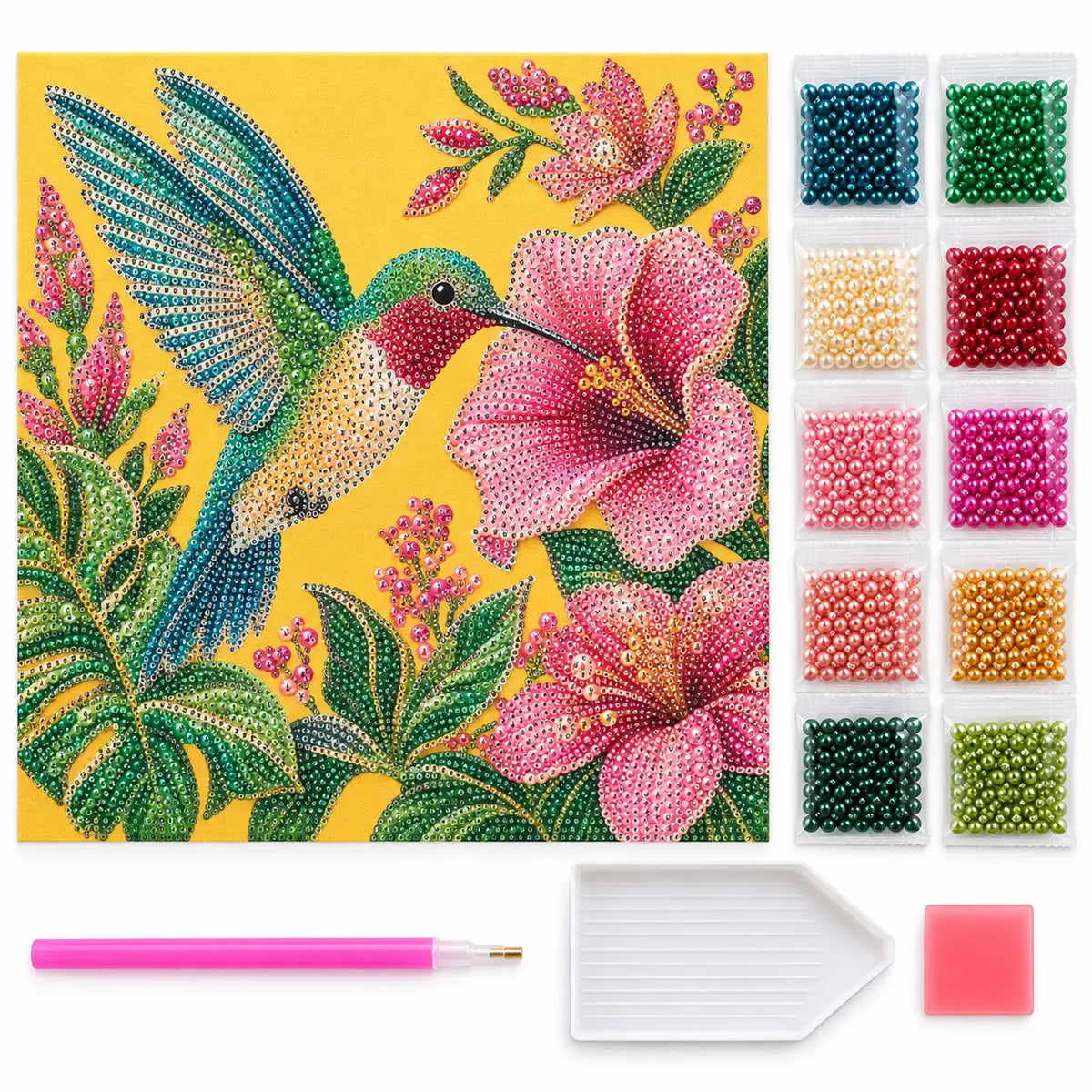 kit image for the Green Hummingbird Hibiscus pearl painting kit