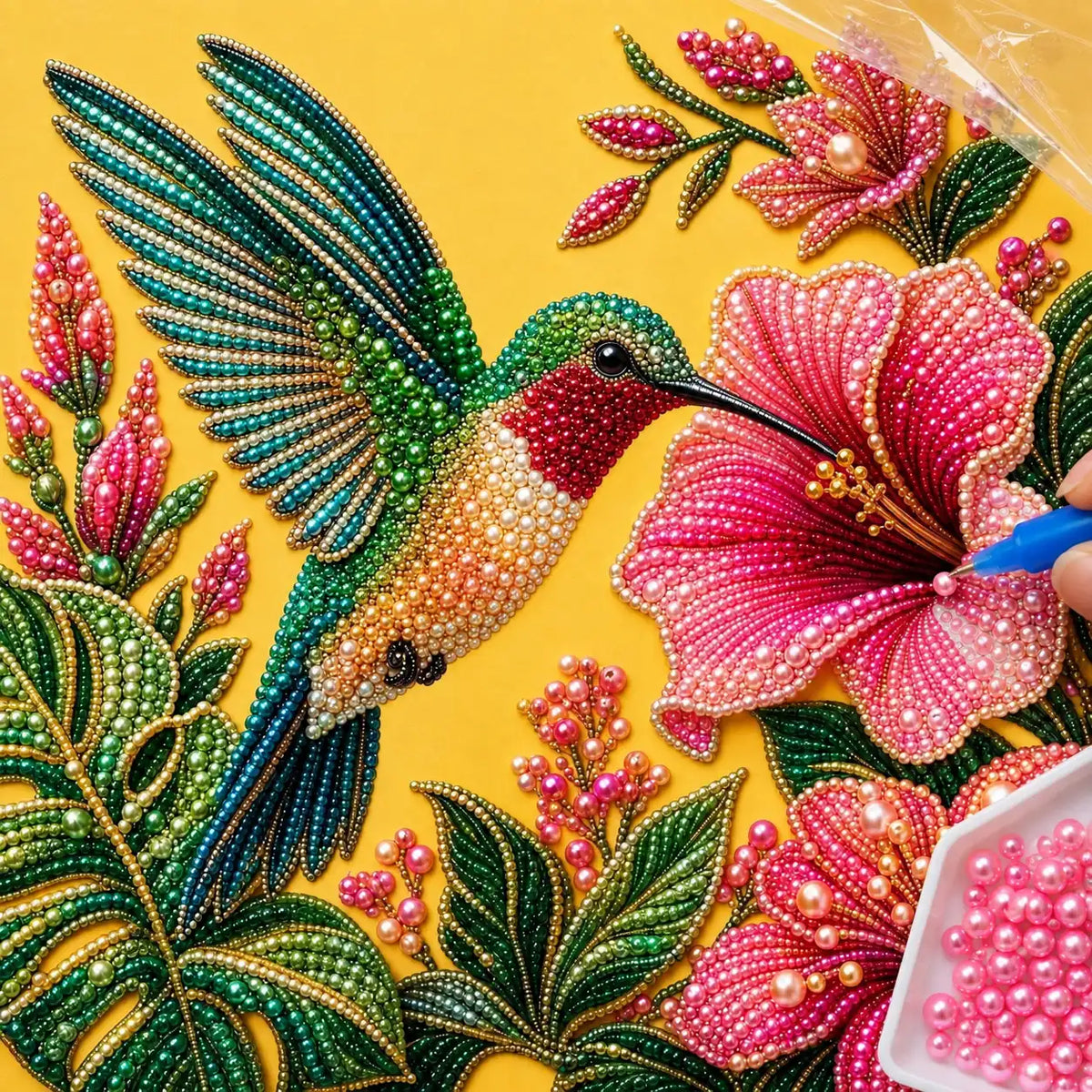 process image for the Green Hummingbird Hibiscus pearl painting kit