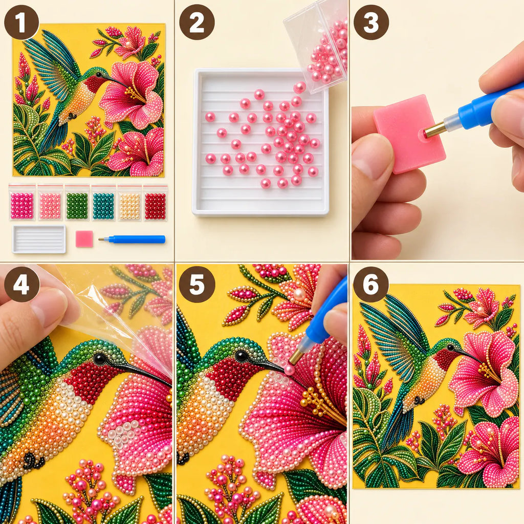 tutorial image for the Green Hummingbird Hibiscus pearl painting kit