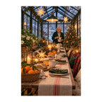 Original illustration of a woman enjoying Christmas breakfast in a glass greenhouse filled with plants and festive lights, on a white background