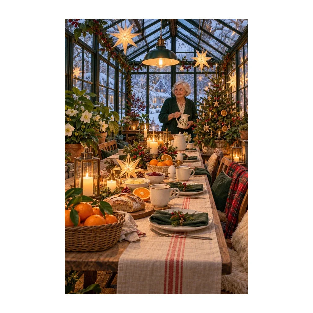 Original illustration of a woman enjoying Christmas breakfast in a glass greenhouse filled with plants and festive lights, on a white background