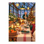 Finished diamond painting of a woman at a Christmas breakfast table inside a greenhouse