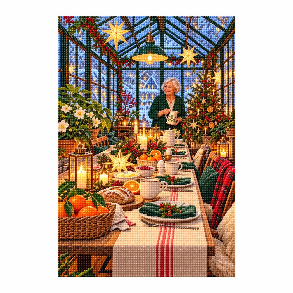 Finished diamond painting of a woman at a Christmas breakfast table inside a greenhouse