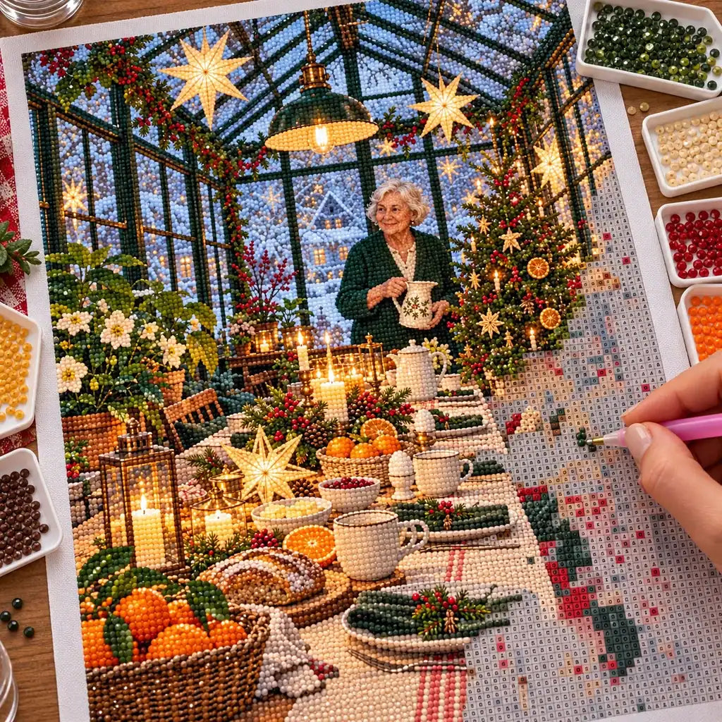 Hand placing diamond drills on the greenhouse Christmas breakfast canvas