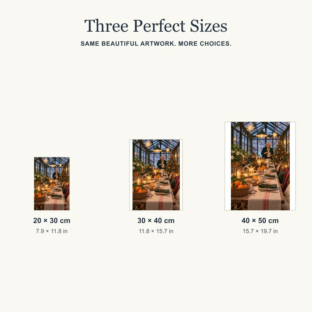 Portrait size guide for the greenhouse Christmas breakfast design: 20 × 30, 30 × 40, and 40 × 50 cm