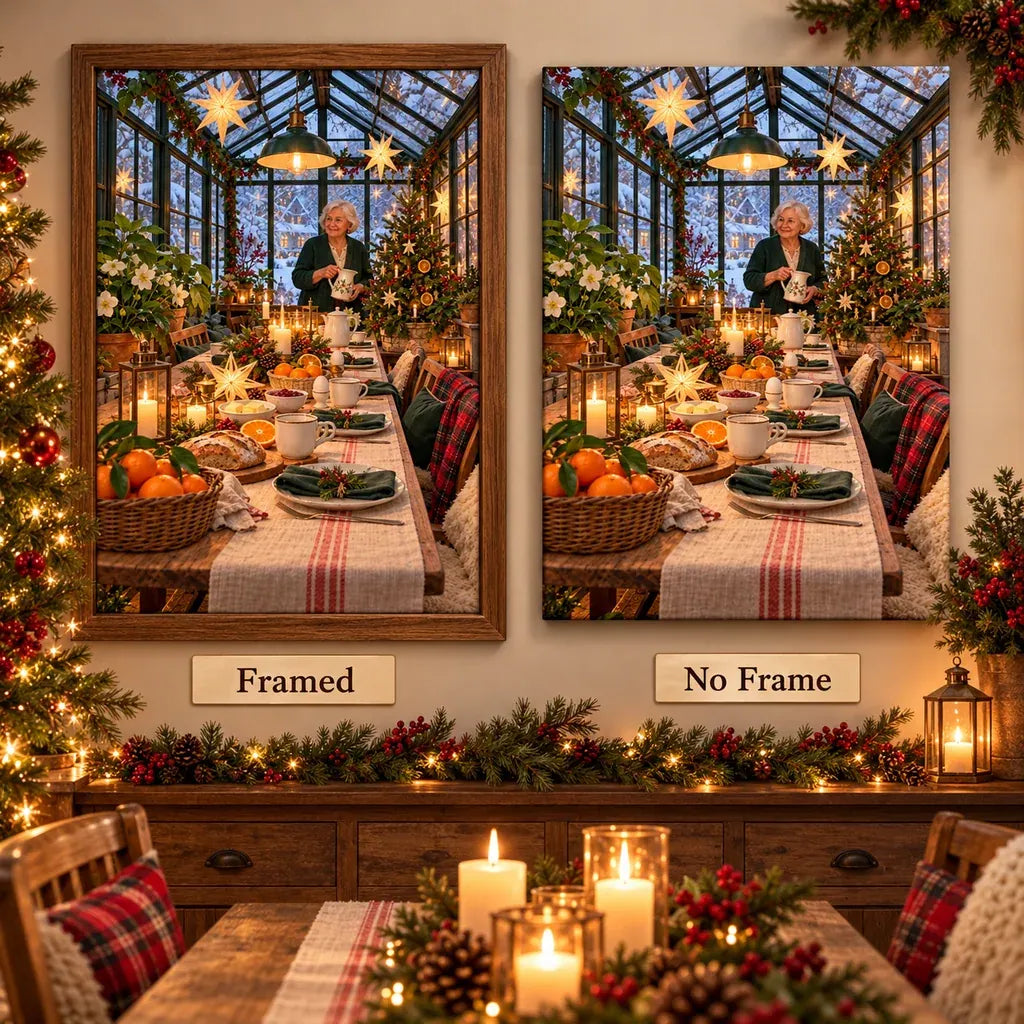 Framed and no-frame comparison for the greenhouse Christmas breakfast diamond painting