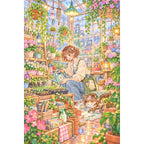 Original white-background artwork of a plant stylist tending potted greenery in a sunlit greenhouse