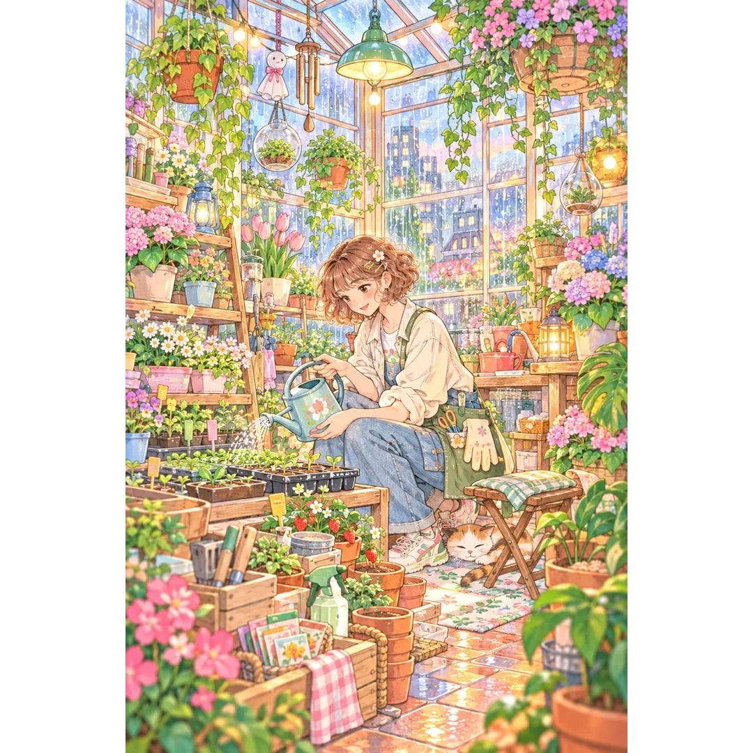 Original white-background artwork of a plant stylist tending potted greenery in a sunlit greenhouse