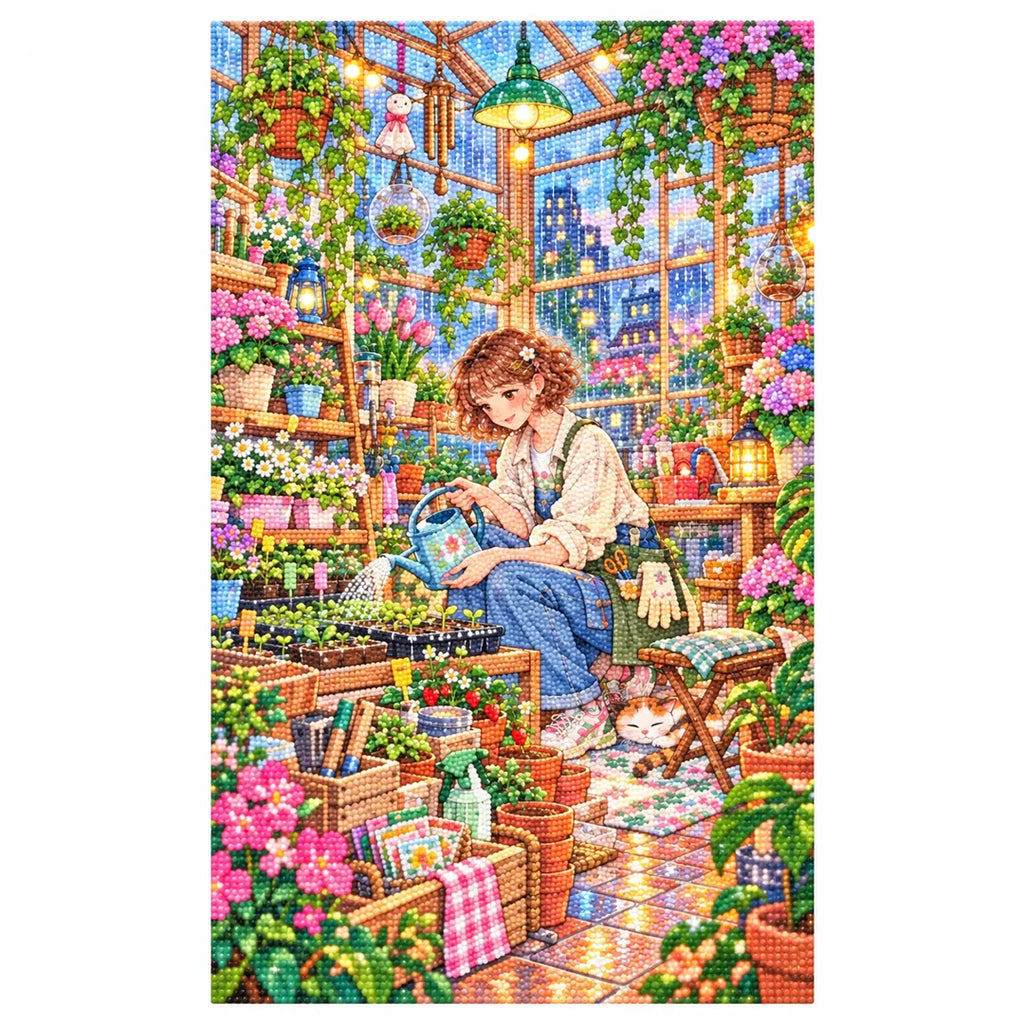 White-background diamond-painted canvas showing a plant stylist tending potted greenery in a sunlit greenhouse