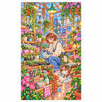 White-background diamond-painted canvas showing a plant stylist tending potted greenery in a sunlit greenhouse