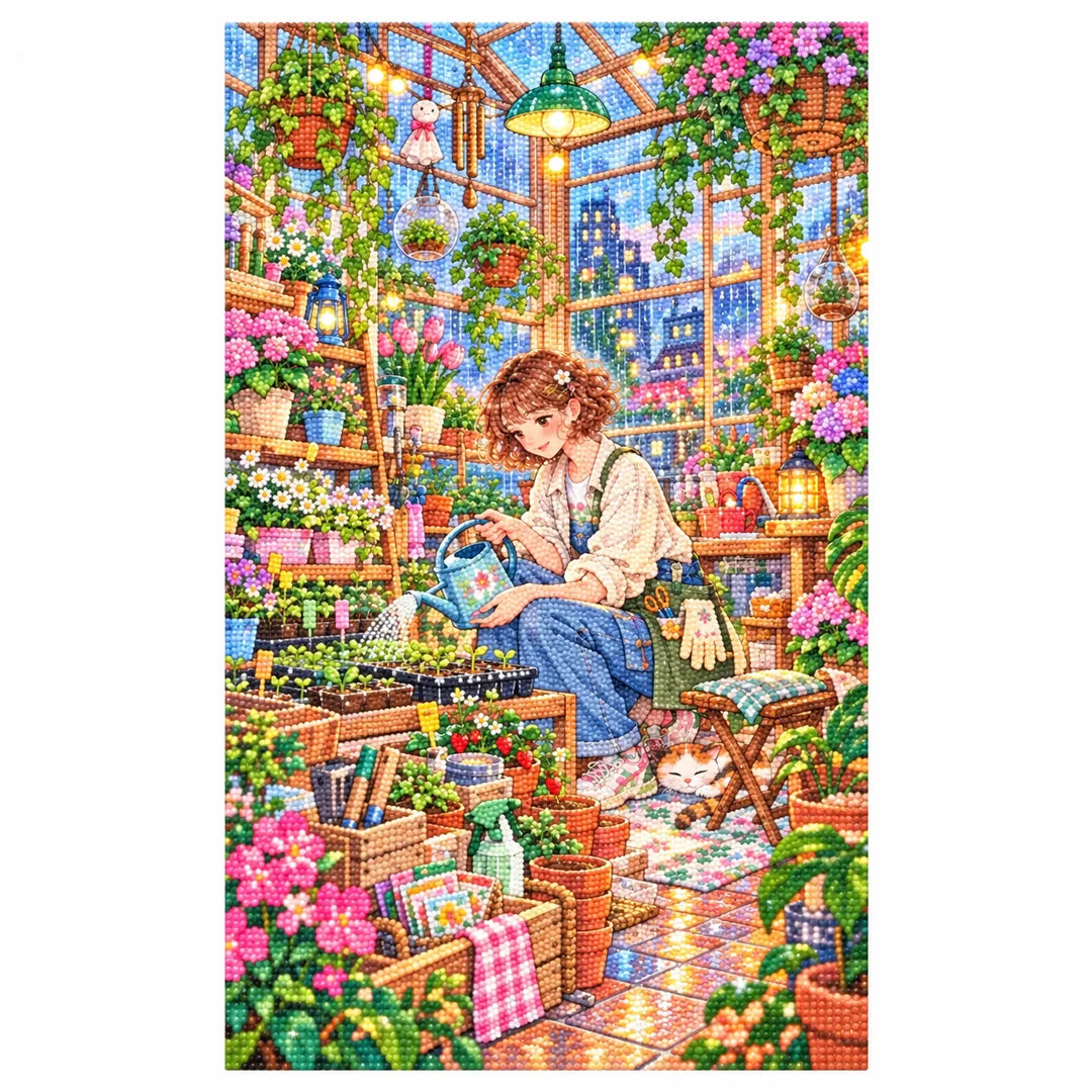 White-background diamond-painted canvas showing a plant stylist tending potted greenery in a sunlit greenhouse