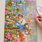 Hands placing diamond drills on the greenhouse plant stylist canvas