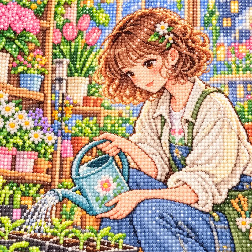 Close-up of faceted drills forming a plant stylist tending potted greenery in a sunlit greenhouse