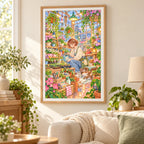 Framed diamond painting of a plant stylist tending potted greenery in a sunlit greenhouse displayed in a home interior
