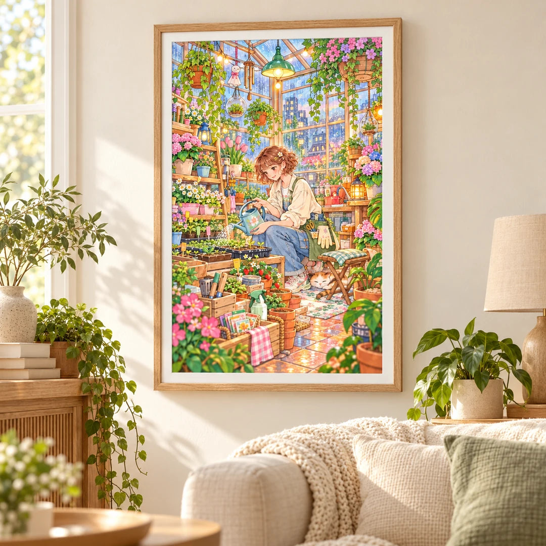 Framed diamond painting of a plant stylist tending potted greenery in a sunlit greenhouse displayed in a home interior