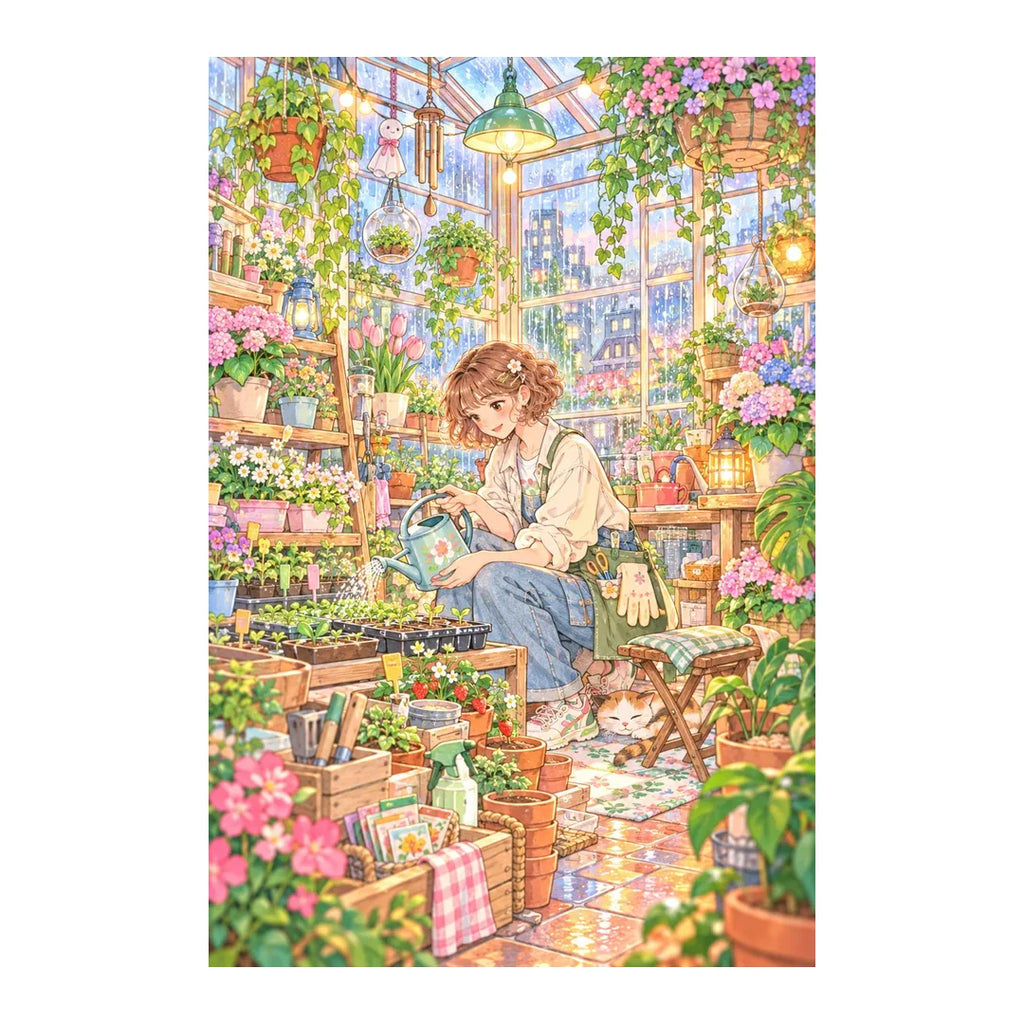 Original white-background artwork of a plant stylist tending potted greenery in a sunlit greenhouse