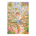 Original white-background artwork of a plant stylist tending potted greenery in a sunlit greenhouse