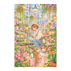 Original white-background artwork of a plant stylist tending potted greenery in a sunlit greenhouse