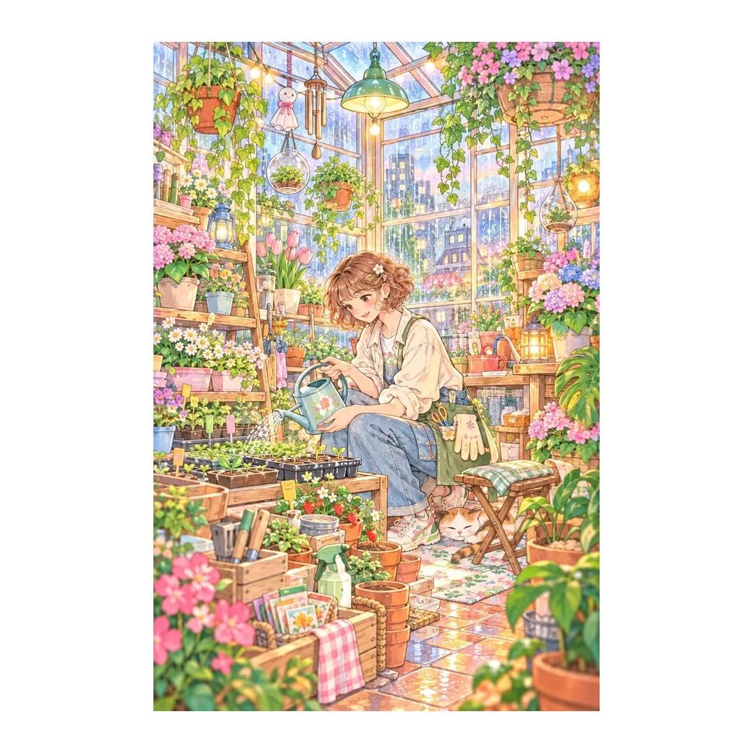 Original white-background artwork of a plant stylist tending potted greenery in a sunlit greenhouse