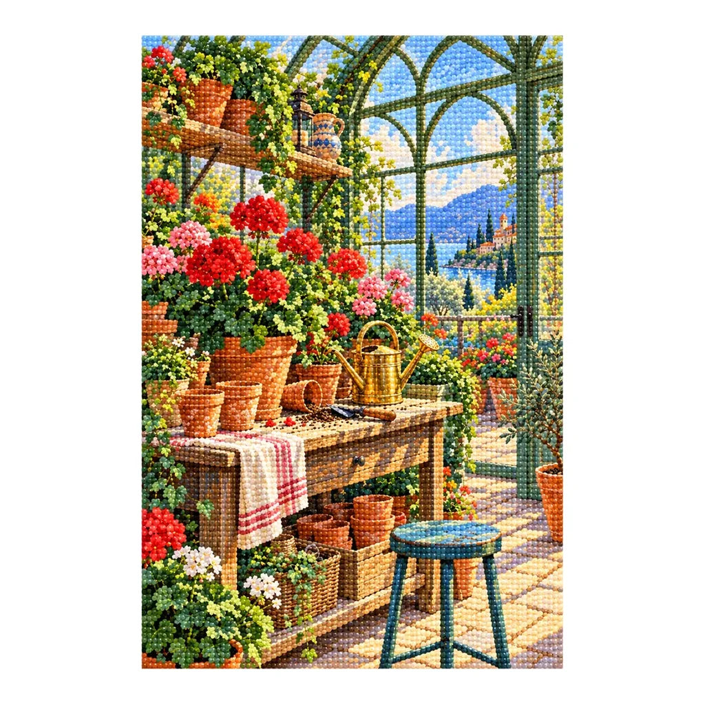 Greenhouse Potting Table — finished diamond painting on a white background