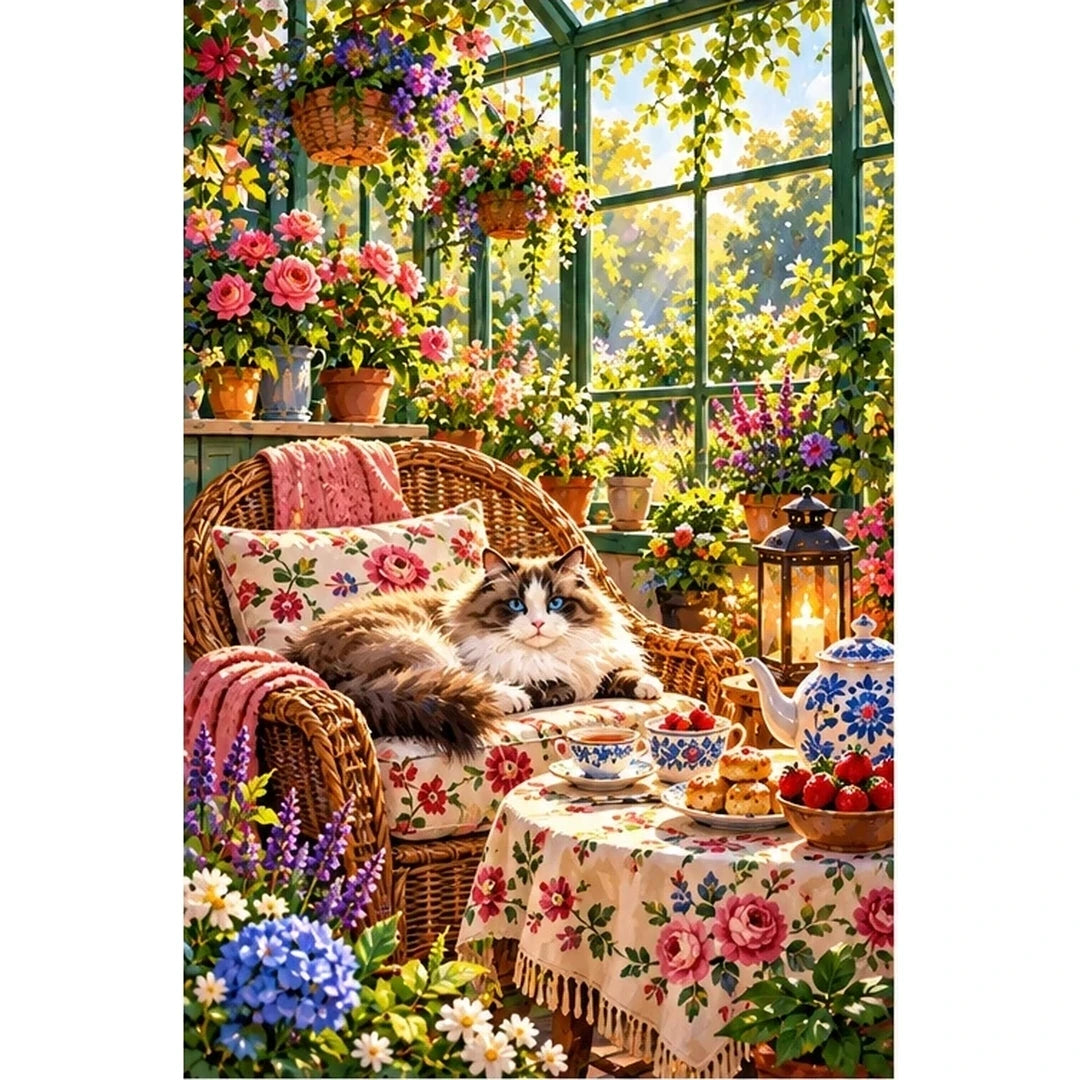 Greenhouse Tea Table Ragdoll Cat — original artwork on a clean white background