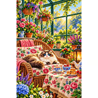 Greenhouse Tea Table Ragdoll Cat — finished diamond painting on a white background