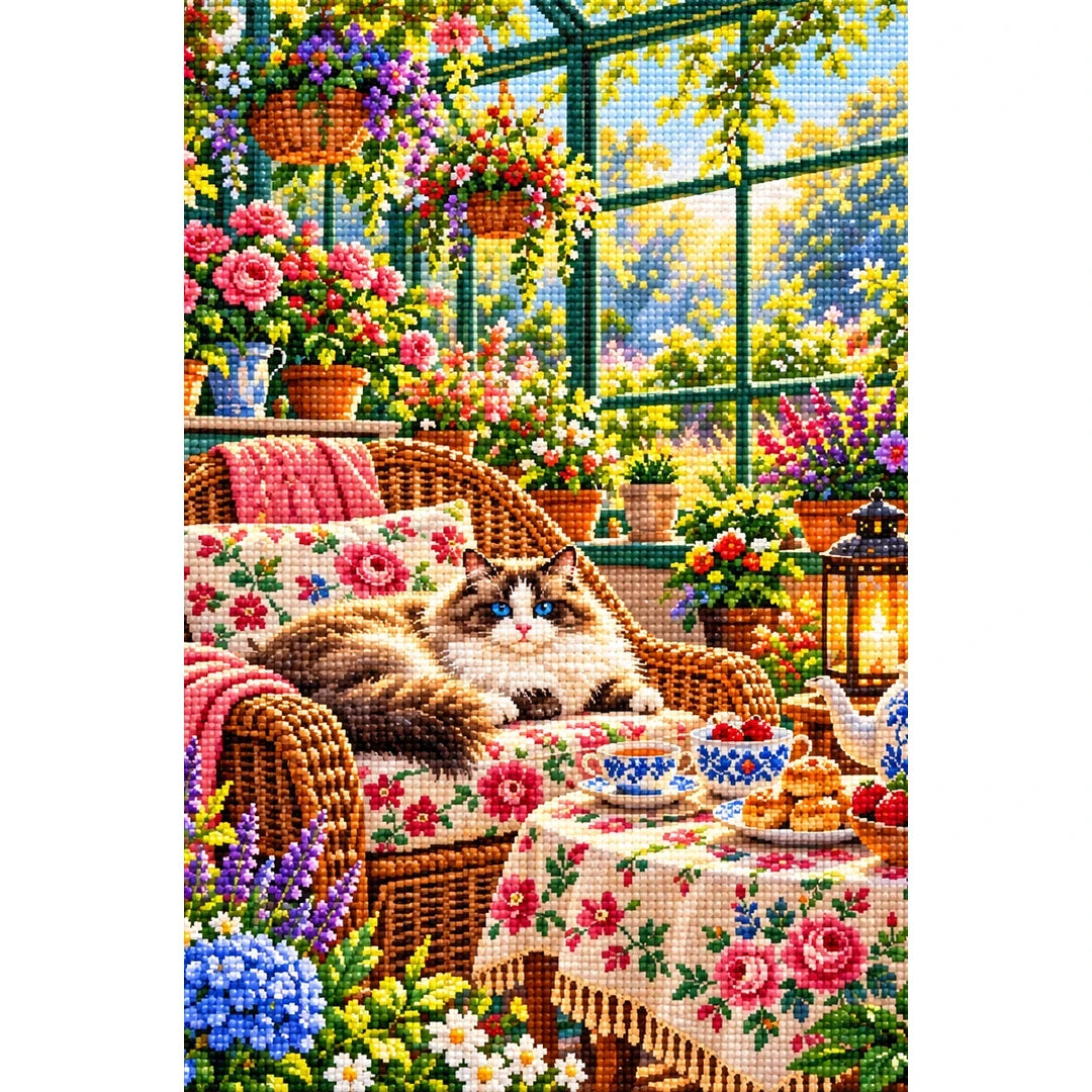 Greenhouse Tea Table Ragdoll Cat — finished diamond painting on a white background