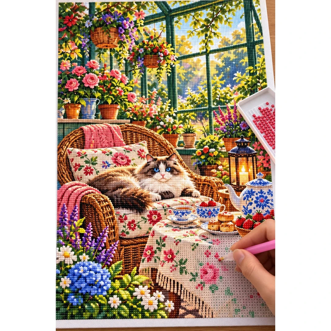 Greenhouse Tea Table Ragdoll Cat — diamond painting process with applicator pen