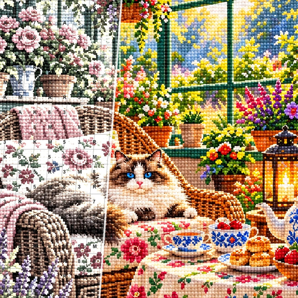 Greenhouse Tea Table Ragdoll Cat — close-up canvas and resin drill detail