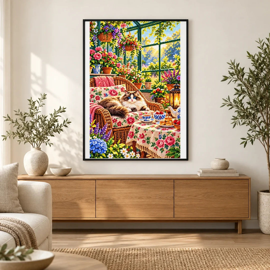 Greenhouse Tea Table Ragdoll Cat — finished diamond painting displayed in a home interior