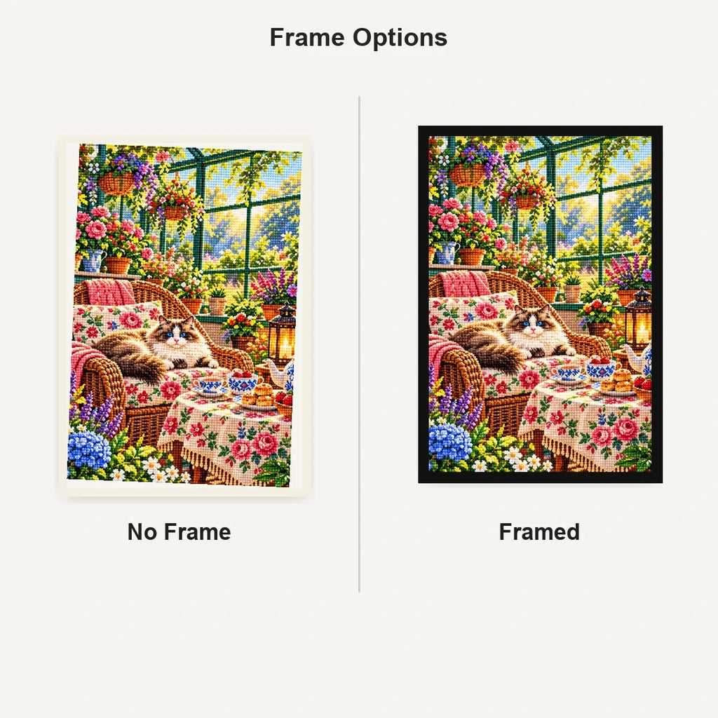 Greenhouse Tea Table Ragdoll Cat — No Frame and Framed style comparison