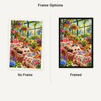 Greenhouse Tea Table Ragdoll Cat — No Frame and Framed style comparison