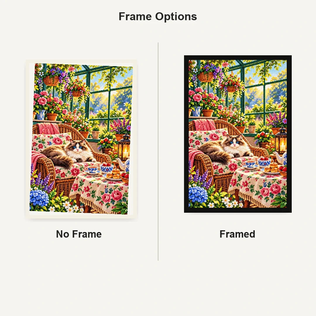 Greenhouse Tea Table Ragdoll Cat — No Frame and Framed style comparison