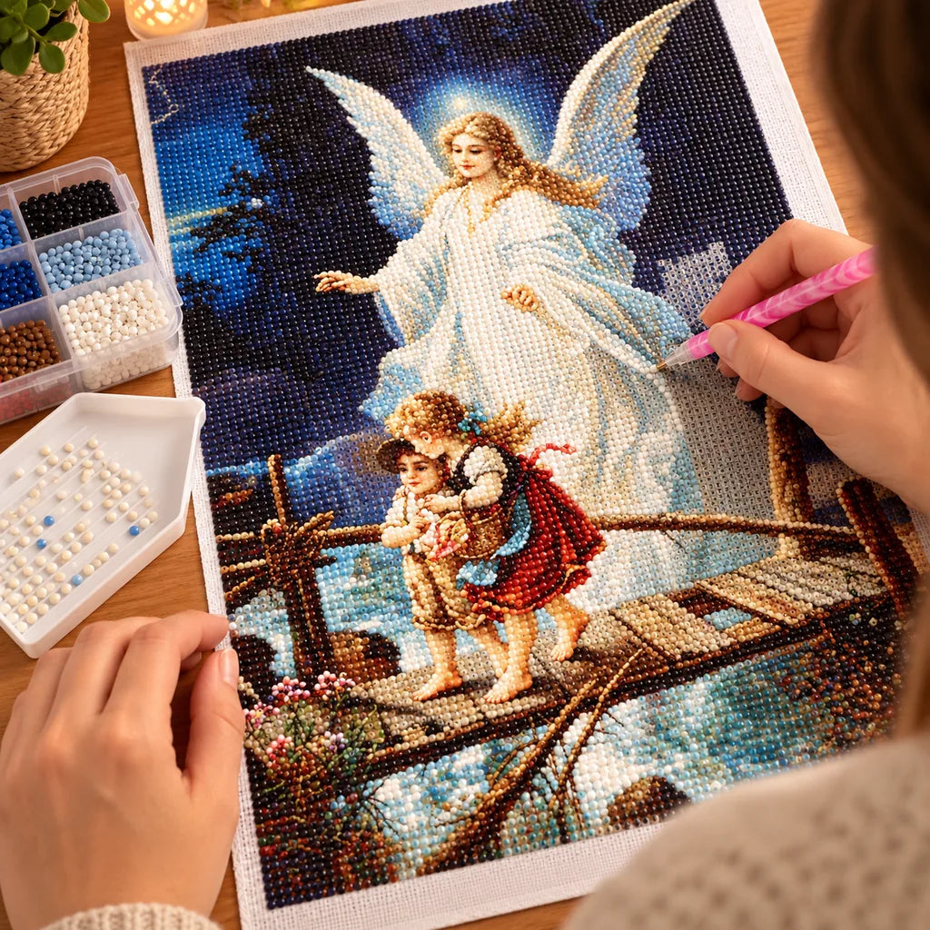 Diamond painting process for Guardian Angel Protecting Children on a Bridge Diamond Painting Kit