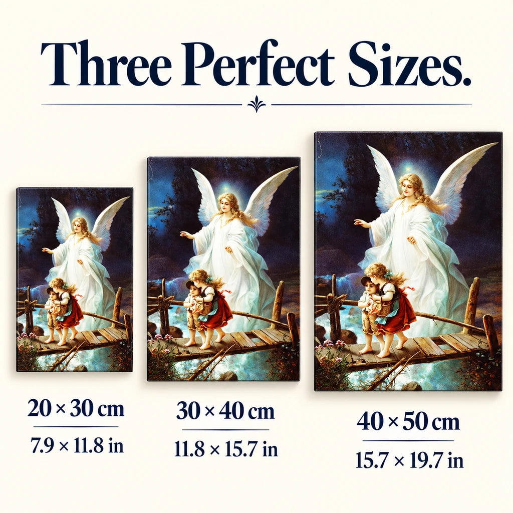 Size guide: 20 × 30 cm, 30 × 40 cm, and 40 × 50 cm for Guardian Angel Protecting Children on a Bridge Diamond Painting Kit
