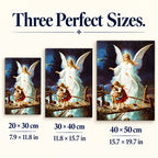 Size guide: 20 × 30 cm, 30 × 40 cm, and 40 × 50 cm for Guardian Angel Protecting Children on a Bridge Diamond Painting Kit
