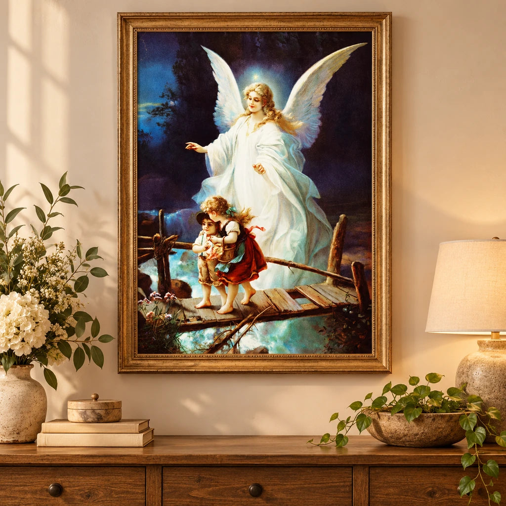 Home decor scene for Guardian Angel Protecting Children on a Bridge Diamond Painting Kit