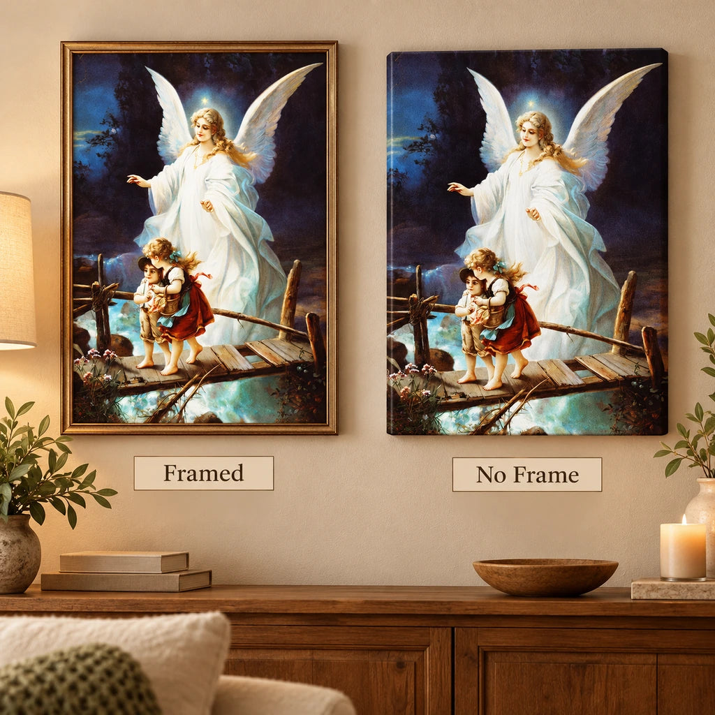 Framed and no-frame comparison for Guardian Angel Protecting Children on a Bridge Diamond Painting Kit