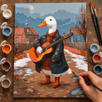 Complete Guitar Playing Duck numbered canvas being painted with acrylic paints and brushes