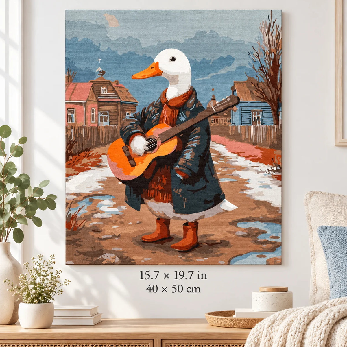 Guitar Playing Duck shown in a styled room with 15.7 × 19.7 in and 40 × 50 cm dimensions
