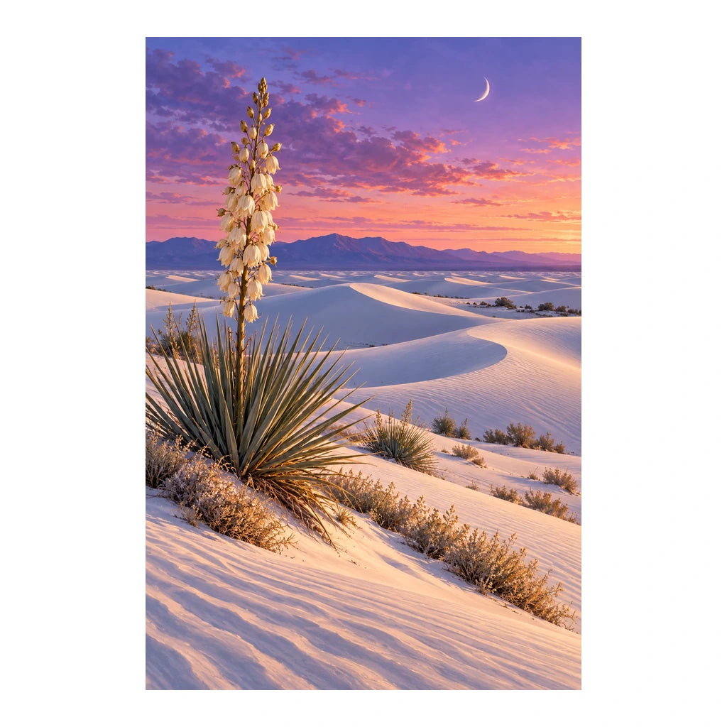 Original white-background artwork of a flowering yucca among gypsum dunes beneath a crescent moon