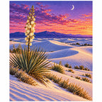 Finished diamond painting of a flowering yucca in gypsum dunes at moonset on a white background