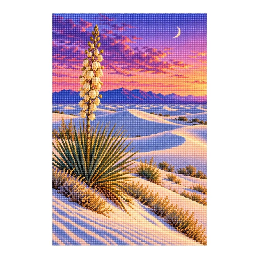 Finished diamond painting of a flowering yucca in gypsum dunes at moonset on a white background