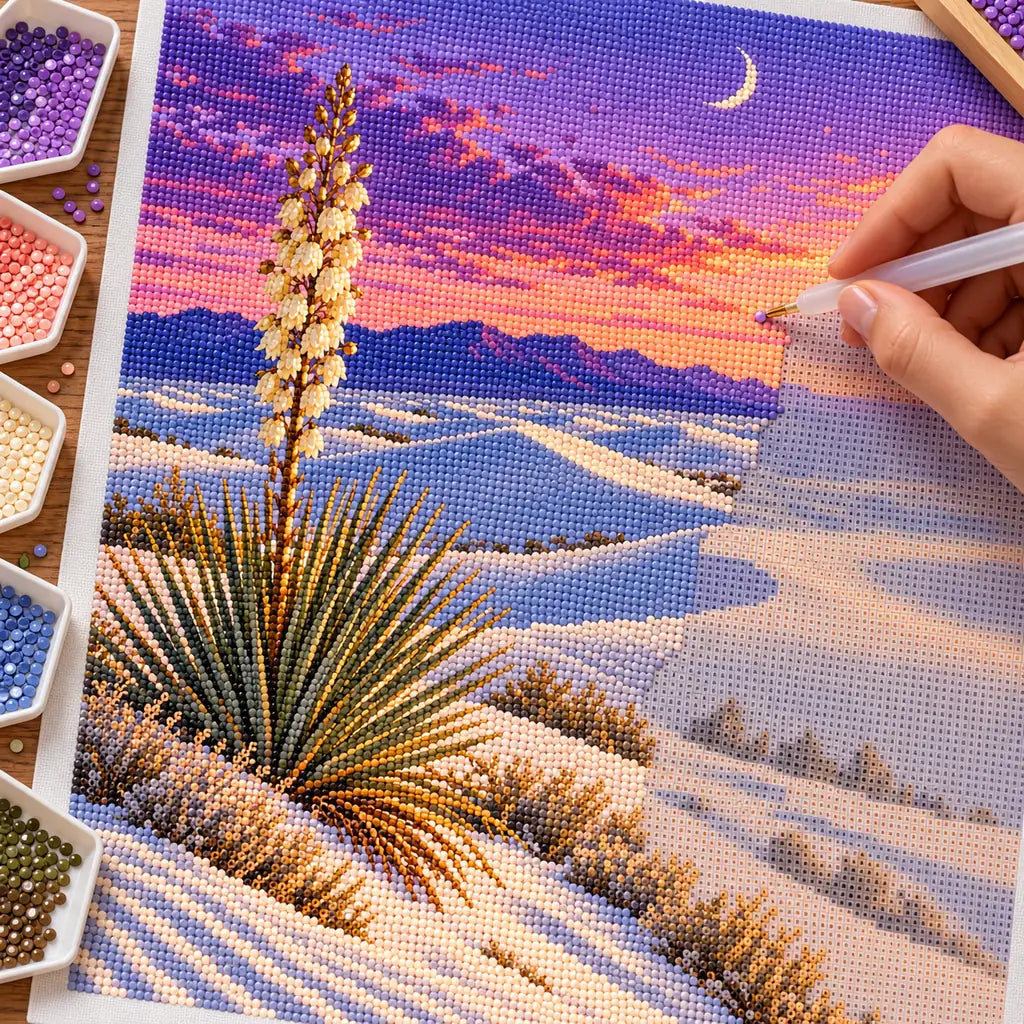 Hand placing drills on a gypsum dunes yucca moon diamond painting canvas