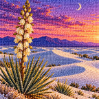 Close-up of sparkling drills on the yucca flower and pale desert dunes