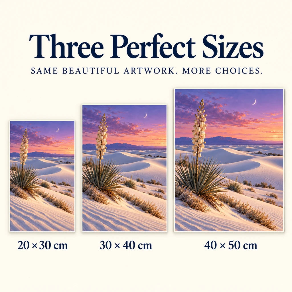 Gypsum dunes yucca moon diamond painting shown in 20 × 30 cm, 30 × 40 cm, and 40 × 50 cm sizes