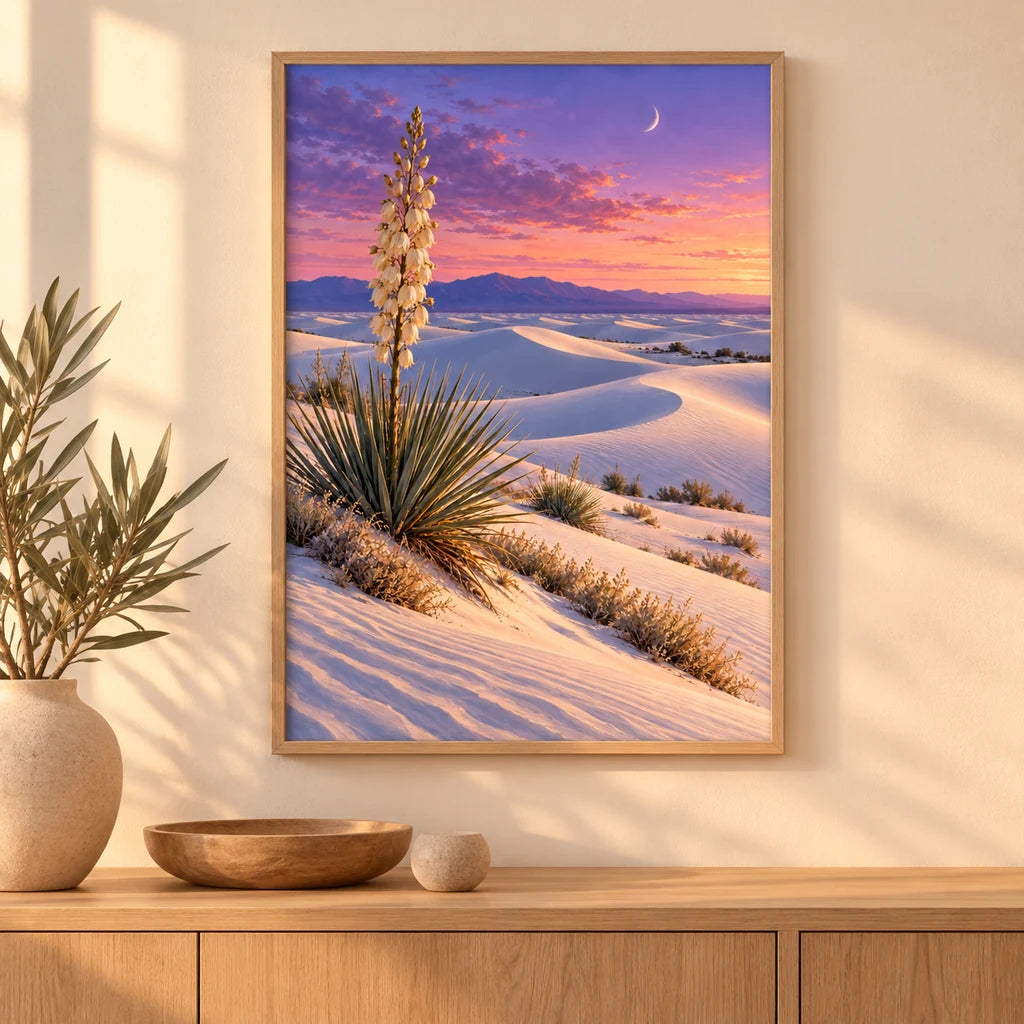 Gypsum dunes yucca moon diamond painting displayed in a framed home decor scene