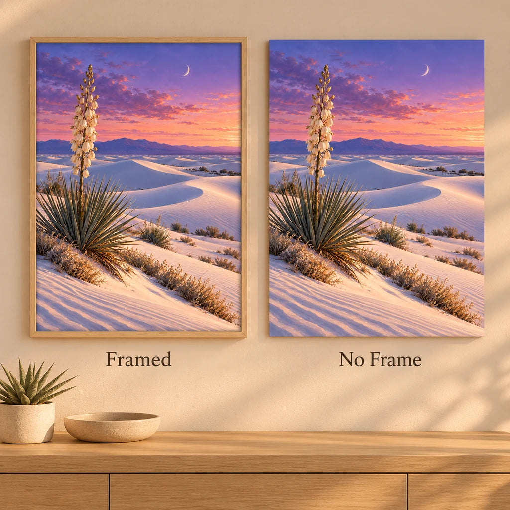 Gypsum dunes yucca moon diamond painting shown framed and without a frame