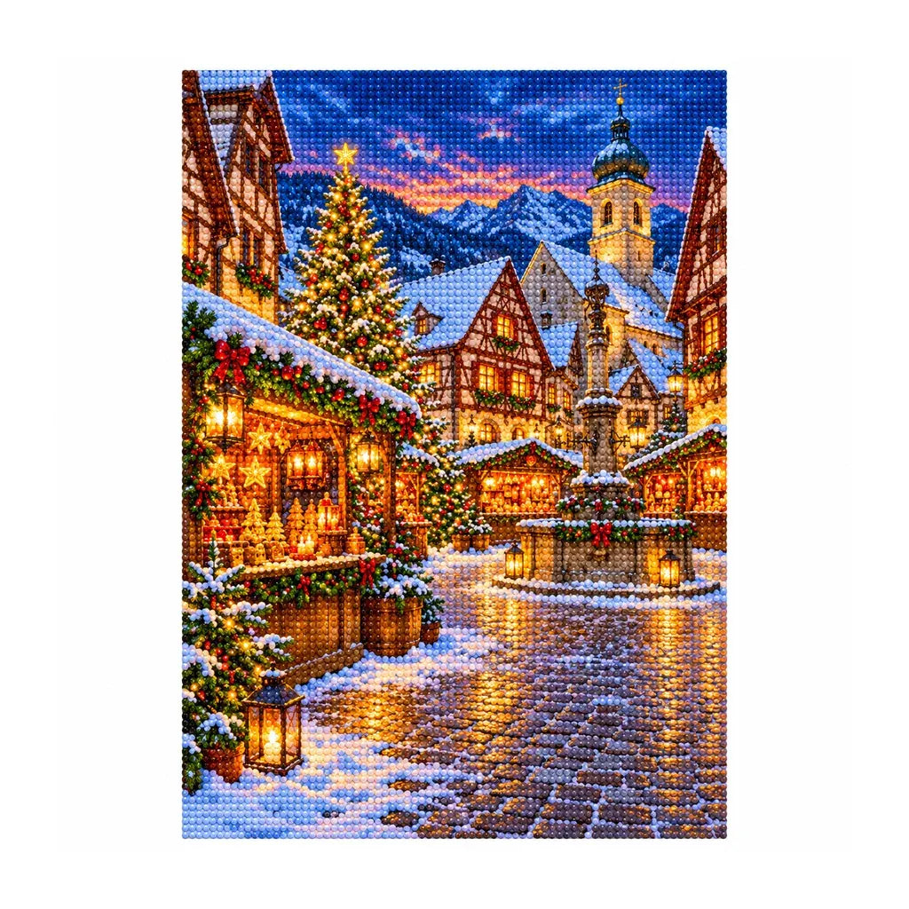White-background finished diamond painting of Half Timber Christmas Market.